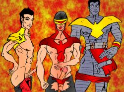 3boys abs avengers biceps black_hair colossus cyclops_(x-men) eyewear male male_nipples male_only marvel namor pecs penis scott_summers testicles tongue torn_clothes x-men