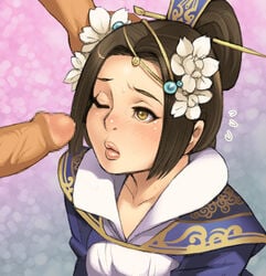 blush brown_eyes brown_hair cai_wenji censored chinese_clothes faceless_male female flower hair_flower hair_ornament hair_stick half_updo hand_on_another's_face long_hair maou_alba mosaic_censoring nose penis pointless_censoring sangokushi_taisen shin_sangoku_musou solo_focus sweatdrop tears wince