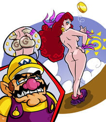 artist_name ass bandana big_nose biting_lip breasts captain_syrup coin coin_flip curly_hair drawfag earrings eyeliner facial_hair female from_behind gold_coin hand_on_hip hat human inset jewelry long_hair looking_back makeup male mario-grant mario_(series) moustache nintendo nude pirate red_eyes red_hair redhead sideboob signature standing suspenders uncensored wario wario_(series) wario_land wario_land:_shake_it!