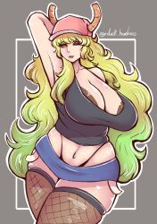 alternate_eye_color alternate_eyes apple_green_hair areola_slip armpit barely_clothed baseball_cap big_breasts big_hair black_sclera blue_shorts brown_areola brown_nipples dark_nipples denim_shorts eyeshadow fishnet_legwear fishnet_stockings front_view gradient_hair grey_background hand_behind_head hat highleg_panties horns kobayashi-san_chi_no_maidragon long_hair lucoa mature_female microskirt midriff milf miniskirt miss_kobayashi's_dragon_maid missionary multicolored_hair navel navel_line nipple_slip non-euclidean_border one_eye_closed outline prostitution quetzalcoatl_(dragon_maid) rainbow_hair raised_arm rdusk seductive_look shiny_skin shorts simple_background simple_shading sketch slit_eyes slit_pupils slutty_outfit standing stockings tank_top thick thick_thighs thighhighs thighs thong tummy two_tone_hair vertical_navel voluptuous voluptuous_female wavy_hair white_outline wide_hips wink yellow_eyes