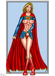 blonde_hair blue_eyes boots breasts cape dc deberzer female hand_in_panties long_hair looking_at_viewer masturbation navel nipples panties skirt standing supergirl