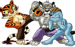 1boy 2girls anthro breasts cartoony chibi crossover dreamworks feline female fighting fur furry furry_female furry_male kung_fu_panda kung_fu_panda_(movie) leopard machoke male master_tigress monster nintendo nipples nude paramount_pictures pokemon pokemon_(species) pussy tai_lung_(kung_fu_panda) tiger topless video_games white_background