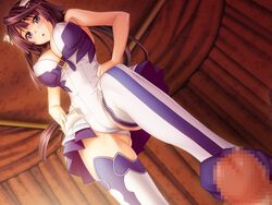 bare_shoulders black_eyes black_hair blush breasts censored cleavage feet female footjob footjob_with_legwear game_cg hair hand_on_hips kannatsuki_noboru large_breasts long_hair looking_down no_shoes open_mouth penis skirt standing standing_footjob thighhighs