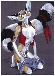 1990s 1995 20th_century anthro chester_ringtail_magreer furry male male_only ribbons ringtail solo solo_male terrie_smith undressing