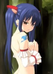 360_(hikaruxx) back blue_hair blush brown_eyes covering covering_breasts detached_sleeves fairy_tail kinohara_hikaru long_hair looking_back mostly_nude nude open_mouth out-of-frame_censoring solo tattoo tied_hair twintails wendy_marvell young