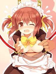 ;o blush breast_grab breasts chains female flying_sweatdrops hair_ribbon kurasuke kurasuke's_maid_girl maid maid_headdress nipples open_mouth original red_eyes red_hair ribbon solo tear tied_hair twintails wavy_mouth wink