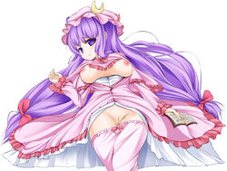 akawata bloomers bloomers_(victorian) bloomers_pull book breasts breasts_out crescent dress female female_only hat highres human long_hair lying nipples on_back open_clothes open_dress patchouli_knowledge purple_eyes purple_hair pussy solo touhou uncensored very_long_hair