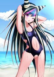 armpits arms_raised arms_up bare_legs beach black_hair blue_hair blush breasts cleavage collarbone crotchless crotchless_swimsuit cutout danganronpa facial_piercing female hair kevin.g.tuck mioda_ibuki multicolored_hair navel ocean one-piece_swimsuit piercing pink_hair purple_eyes pussy small_breasts solo straight_hair super_danganronpa_2 swimsuit uncensored water wet white_hair wink