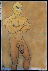 3_eyes bald balls biceps big_penis bodybuilder dragon_ball dragon_ball_z huge_cock male male_only multi_eye muscle muscles nude pecs penis smile solo standing tenshinhan the_rainbowboys tien_shinhan