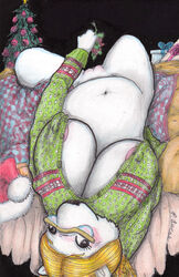 anthro bear bottomless breasts christmas christmas_tree chubby eyeswear female glasses holidays looking_at_viewer mistletoe paul_lucas polar_bear pussy skimpy sweater tree upside-down