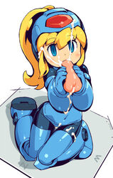 artificial_vagina blonde_hair blue_eyes blush bodysuit cum facial female food helmet holding long_hair mega_man mega_man(classic) om_(artist) onahole ponytail rokko-chan rokko-chan_(character) sitting solo tied_hair tight_throat