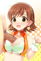 1boy blush breasts brown_eyes brown_hair cleavage cum cum_on_body cum_on_breasts cum_on_upper_body earrings female fujimiya_yuu hairband honda_mio idolmaster idolmaster_cinderella_girls jewelry large_breasts male male_pubic_hair midriff open_mouth paizuri pubic_hair short_hair straight testicles