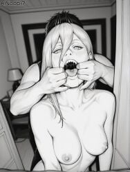 1boy 1boy1girl 1girls ai_generated ainoob17 chainsaw_man finger_in_another's_mouth horns monochrome nude power_(chainsaw_man) saliva sharp_teeth sketch tagme