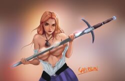 1girls big_breasts blonde_hair breasts breasts_out busty capernian covered_nipples dungeons_and_dragons female female_only holding_sword holding_weapon oc solo solo_female sword unbuttoned