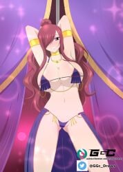 alternate_costume alternate_hairstyle armpits arms_behind_back arms_up blush brown_eyes cleavage clenched_teeth erza_scarlet fairy_tail female_only ggc hair_over_one_eye huge_breasts jewelry large_breasts long_hair looking_at_viewer necklace panties ponytail purple_bra purple_panties red_hair smile smiling smiling_at_viewer solo_focus thick_thighs thighs uncensored underwear wide_hips