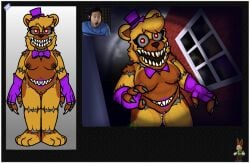 animatronic arm_tuft armwear bear belly_mouth bodily_fluids bow_tie breasts claws clothing darli_buni elbow_gloves exposed_endoskeleton eyelashes female fingerless_gloves five_nights_at_freddy's five_nights_at_freddy's_4 fur genital_fluids genital_scar genitals gloves handwear hat headgear headwear inside lgbt_pride lipstick looking_at_viewer machine makeup mammal markiplier multicolored_body multicolored_fur nightmare_fredbear_(fnaf) nipples nude nude_female pride_colors purple_bow_tie purple_clothing purple_gloves purple_handwear purple_hat purple_headwear purple_lipstick pussy red_eyes robot scar scottgames sharp_teeth shoulder_tuft slightly_chubby slightly_chubby_female teeth top_hat transgender_pride_colors tuft vaginal_fluids vaginoplasty_scar window