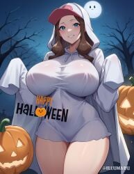 1girls 2024 ai_generated blue_eyes blush breasts brown_eyes brown_hair cleavage curvaceous curvy curvy_body curvy_female curvy_figure detailed female female_focus female_only ghost ghost_costume halloween hat hi_res highres hilda_(pokemon) hood hoodie human illumaru large_breasts long_hair looking_at_viewer nintendo patreon_username pokemon pokemon_bw pumpkin smile solo stable_diffusion standing thick_thighs voluptuous voluptuous_female wide_hips