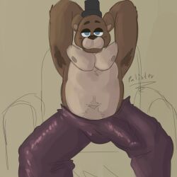 armpit_hair bear body_hair bottomwear brown_body brown_fur clothing erection erection_under_clothing five_nights_at_freddy's freddy_(fnaf) fur hat headgear headwear hi_res male male_only mammal palister35 pants scottgames solo