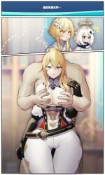 3girls azure_ghost big_breasts blonde_hair genshin_impact groping_breasts jean_gunnhildr lumine_(genshin_impact) naked_male paimon_(genshin_impact) touching_breast unaware unnoticed white_hair