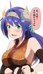 1girls :d absurdres ahoge alternate_costume blue_hair blush breasts dressing feh_(fire_emblem_heroes) female female_only fire_emblem fire_emblem:_path_of_radiance fire_emblem_heroes getting_dressed green_eyes hairband highres japanese_text large_breasts long_hair mia_(fire_emblem) mia_(yukata)_(fire_emblem) nintendo official_alternate_costume open_mouth sideboob smile solo speech_bubble suoukira sweat text translated upper_body upright_ahoge walked_in_on white_hairband