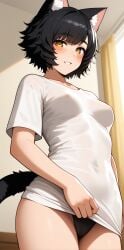 ai_generated bankonit bedroom black_hair cat_ears catgirl female nipples_visible_through_clothing original_character panties parted_lips shirt shirt_pull smile stable_diffusion tail tight_clothing yellow_eyes