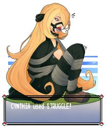 ball_gag blonde blonde_female blonde_hair bondage bound cynthia_(pokemon) gag gag_harness gagged long_hair pgratedslasher pokemon restrained struggling text