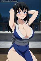 ai_generated aindroidparanoid arms_behind_head bare_shoulders big_breasts black_hair blue_eyes blue_hair blush breasts cleavage curvy curvy_figure demon_slayer gigantic_breasts hips huge_breasts inminent_sex japanese_clothes japanese_clothing kimetsu_no_yaiba kneeling large_breasts massive_breasts narrow_waist nervous night outdoors short_hair stable_diffusion suma_(kimetsu_no_yaiba) sweat sweatdrop voluptuous voluptuous_female wavy_hair wide_hips