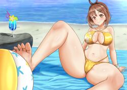 1girls atelier_(series) atelier_ryza beach beach_ball bikini brown_eyes brown_hair feet female janqoo89 looking_at_viewer ocean reisalin_stout sand short_hair solo spread_legs thick_thighs thighs yellow_bikini