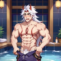 ai_generated arataki_itto bara bathhouse gay genshin_impact loincloth male male_only muscles muscular pecs pov undressing