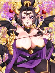 1girls 2023 big_breasts black_hair blue_eyes cleavage demon demon_girl demon_horns demon_wings detailed_background digimon digimon_(species) earrings fangs female female_only forehead_mark hair_ornament hi_res horns huyumi77 leggings lilithmon looking_at_viewer mole mole_under_eye pointy_ears purple_eyeshadow seven_great_demon_lords smiling smiling_at_viewer solo thick_thighs tied_hair whip wings