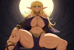 1girl ai_generated big_breasts big_thighs blonde_female blonde_hair blonde_hair_female elf elf_ears elf_female elf_girl elf_queen fantasy female female_only from_below green_eyes large_breasts legs_apart long_hair looking_at_viewer mullon novelai original pelvic_curtain smile smiling_at_viewer solo