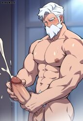 abs ai_generated balls bara beard biceps big_balls big_penis cum daddy drayden erection genital_fluids kangmzze male male_nipples male_only male_pubic_hair manly masturbation mature_male muscular_male nintendo nipples nude orgasm pecs penis pokemon pokemon_bw pokemon_bw2 white_beard white_hair