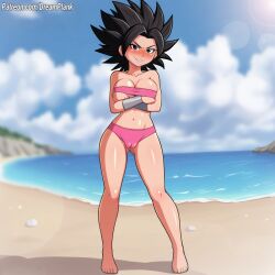 ai_generated beach bikini blurry_background cameltoe caulifla dragon_ball dragon_ball_super dreamplank feet large_breasts smirk standing thick