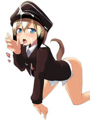 all_fours ass atahuta bare_legs blonde_hair blue_eyes blush clothing cum cum_on_clothes erica_hartmann facial female flat_chest hat heart highres licking looking_at_viewer military military_uniform no_pants peaked_cap short_hair solo strike_witches tail tongue tongue_out unbuttoned uniform