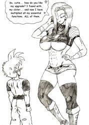 1boy 1girls abs android_18 black_and_white blush dragon_ball_z dragon_ball_z_golden_age fusion nipple_slip son_gohan_(young) thewritefiction underboob