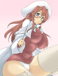 aty blue_eyes bottomless breasts curvy glasses grey_eyes hat hips huge_breasts impossible_clothes impossible_shirt legwear long_hair momio no_pants panties pointer red_hair shortened_garment summon_night summon_night_2 summon_night_3 thick_thighs thigh-highs thighhighs thighs underwear wand wide_hips