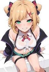 ai_generated bare_shoulders belt blonde_hair dependency_(generator) female green_eyes green_nails hair_ribbon hairclip hi_res jacket kurumi_noah looking_at_viewer medium_breasts midriff nail_polish navel short_hair short_shorts sitting_on_bed smiling solo thighs virtual_youtuber vspo! vtuber