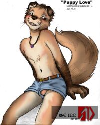 2000 anthro ball_slip balls belt blue_bottomwear blue_clothing blue_shorts blush bottomwear brown_belt brown_eyes brown_nose bulge button_ears canid canine canis clothed clothing digital_media_(artwork) domestic_dog femboy floppy_ears fur genitals grin jewelry looking_at_viewer male mammal navel necklace pink_blush portrait rae_lee shaded shorts simple_background sitting smile smiling_at_viewer solo tail tan_body tan_fur three-quarter_portrait topless whiskers white_background