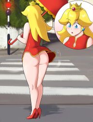 ass assentlov blonde_female blonde_hair blue_eyes crosswalk crown dress exposed_ass female mario_(series) princess princess_peach public public_exposure upskirt wardrobe_malfunction windy windy_skirt