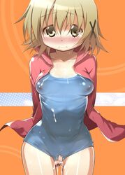 3: blonde_hair blush breasts collarbone cum cum_on_body cum_on_lower_body female hair_ornament hidamari_sketch looking_at_viewer misagi_nagu nipples one-piece_swimsuit see-through short_hair solo swimsuit tear track_jacket yellow_eyes yuno