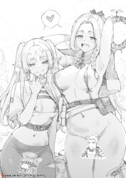 2girls armpits arms_behind_head arms_up bangs barely_clothed belt big_breasts bikini black_and_white blush bottomless braided_hair censored censored_pussy cloak crossover curvy dungeon_meshi fkscrashing frieren hand_to_own_mouth long_hair marcille_donato micro_bikini monochrome nipple_slip nipples nipples_visible_through_clothing open_clothes open_mouth pointy_ears ponytail pubic_hair_peek pussy_window revealing_clothes ripped_clothing ripped_pantyhose shiny_skin sidelocks slim_waist slutty_outfit small_breasts smirk sousou_no_frieren teasing thick_thighs twintails