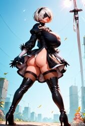 1robot_girl ai_generated aiwaifuhen ass big_breasts blindfold breasts looking_back nier:_automata robot_humanoid short_hair sword thick_thighs thighhighs thighs watermark white_hair yorha_2b