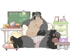 2024 anthro balls belly big_belly black_body chinese_text clothing feet genitals grey_body hi_res kemono male mammal moobs navel nipples overweight overweight_male procyonid raccoon sitting solo text underwear yimingsama