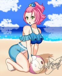 angela_(mobile_legends) beach bikini female green_eyes kitsunekhi_ mobile_legends mobile_legends:_bang_bang pink_hair shy twitter_username white_skin