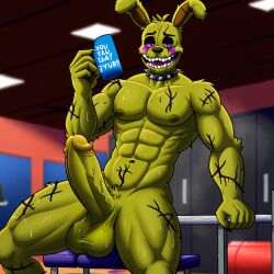 1boy ai_generated anthro balls erection fangs five_nights_at_freddy's furry green_body gym humanoid locker_room looking_at_viewer male_focus male_only nude penis rabbit solo solo_focus springtrap_(fnaf) sweat