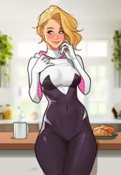 1girls blonde_hair eyebrow_piercing female female_only gwen_stacy gwen_stacy_(spider-verse) marvel marvel_comics minko olena_minko solo spider-gwen spider-man:_across_the_spider-verse spider-man:_into_the_spider-verse spider-man_(series) superhero superhero_costume superheroine teenager