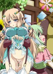 amber_(rune_factory) artist_request blonde_hair blue_eyes blush green_hair margarete_(rune_factory) pussy rune_factory rune_factory_4 tagme unseen_male_face