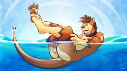 anthro anus balls blep genitals hi_res humanoid_genitalia humanoid_penis looking_at_viewer male mammal mustelid otter partially_submerged partially_underwater_shot pawpads penis pink_penis smile solo tail tongue tongue_out underwater ventkazemaru