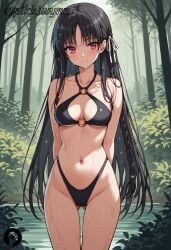 ai_generated arms_behind_back ass_visible_through_thighs bangs bare_shoulders bikini black_bikini black_hair blush braid breasts classroom_of_the_elite cleavage closed_mouth collarbone cowboy_shot female forest hair_ribbon highleg highleg_bikini horikita_suzune long_hair looking_at_viewer medium_breasts nature navel o-ring o-ring_bikini o-ring_top outdoors pikkiwynn red_eyes ribbon smile solo solo_female standing swimsuit thigh_gap thighs very_long_hair water wet white_ribbon youkoso_jitsuryoku_shijou_shugi_no_kyoushitsu_e