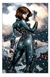 1girls ass blue_eyes bodysuit brown_hair catsuit corset dominic_marco dual_wielding fit fit_female gun human light-skinned_female light_skin looking_back selene_(underworld) skin_tight snow thigh_holster underworld voluptuous voluptuous_female weapon werewolf